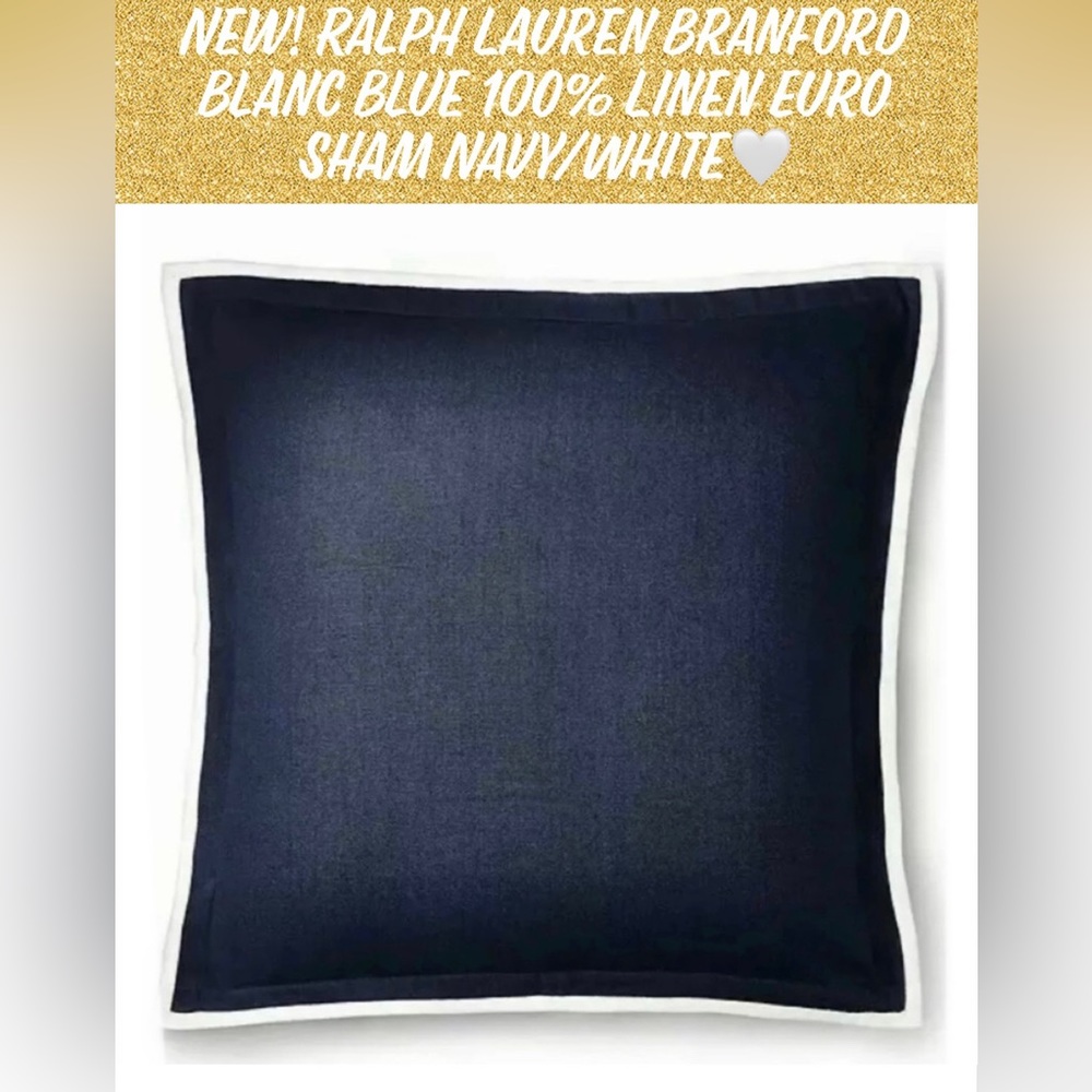 New! Ralph Lauren Branford Blanc Blue 100% Linen Euro Sham Navy/White🤍